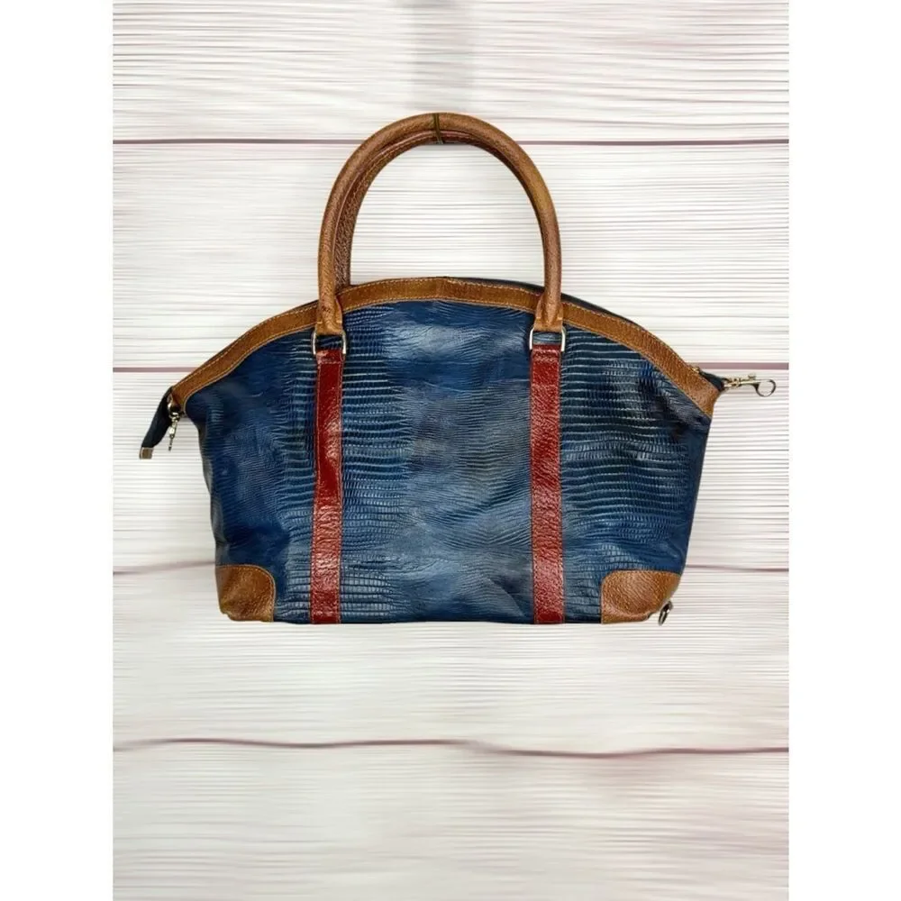 Roberto Roma Leather Satchel Bag Blue Brown Textured Crossbody Top Handle Vng